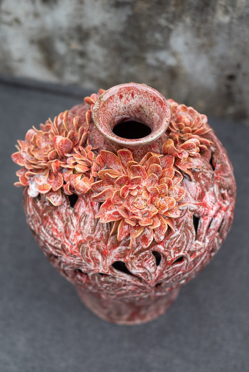 Céleste Céramique - Crimson Chrysanthemum Carved Vase
