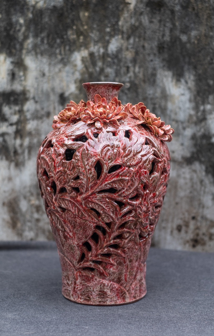 Céleste Céramique - Crimson Chrysanthemum Carved Vase
