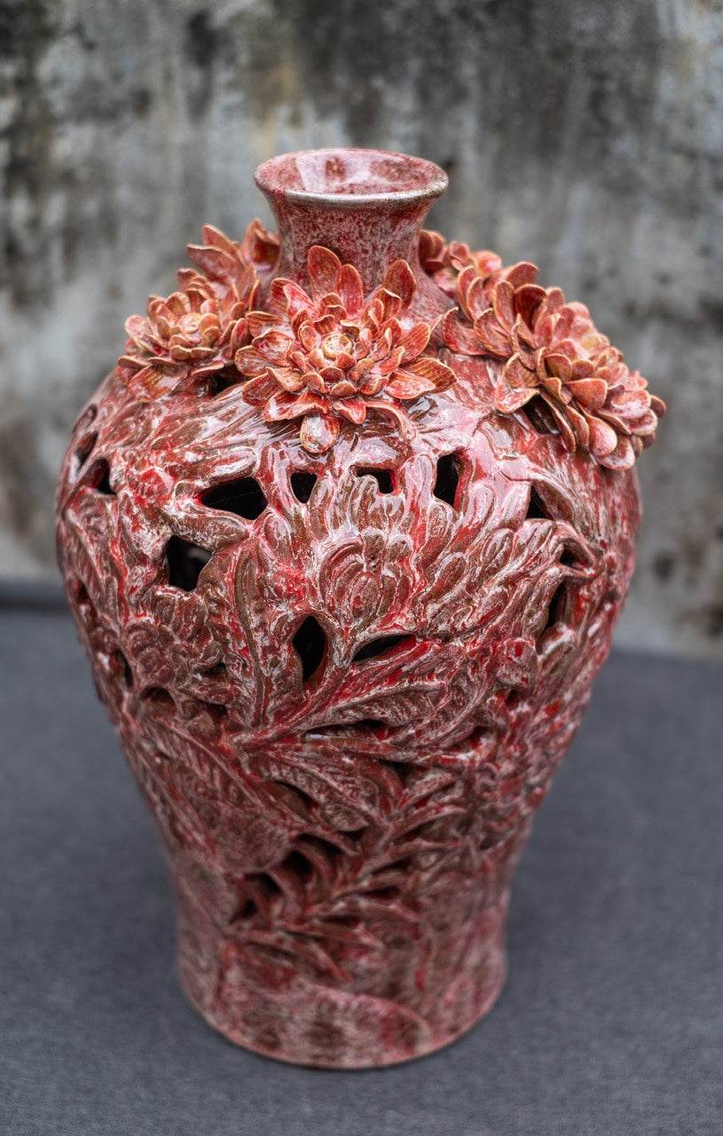 Céleste Céramique - Crimson Chrysanthemum Carved Vase